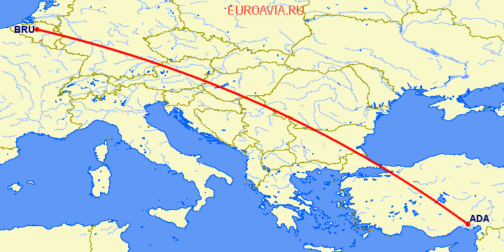 перелет Брюссель — Адана на карте