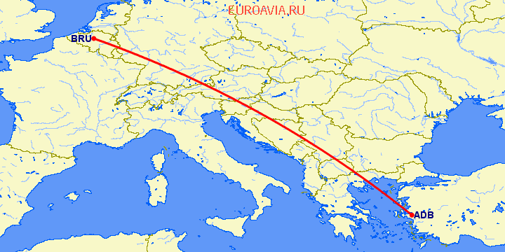 перелет Брюссель — Измир на карте