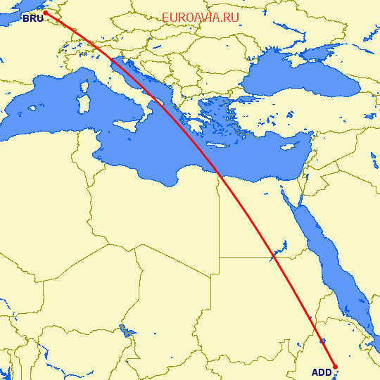 перелет Брюссель — Аддис Абеба на карте