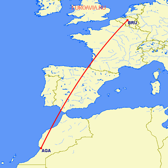 перелет Брюссель — Агадир на карте