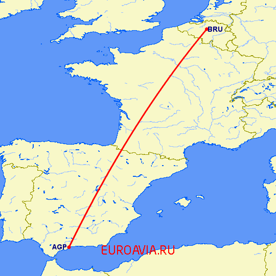 перелет Брюссель — Малага на карте