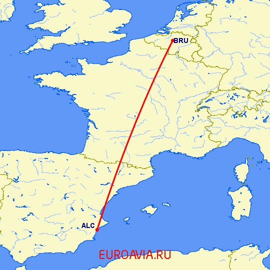 перелет Брюссель — Аликанте на карте