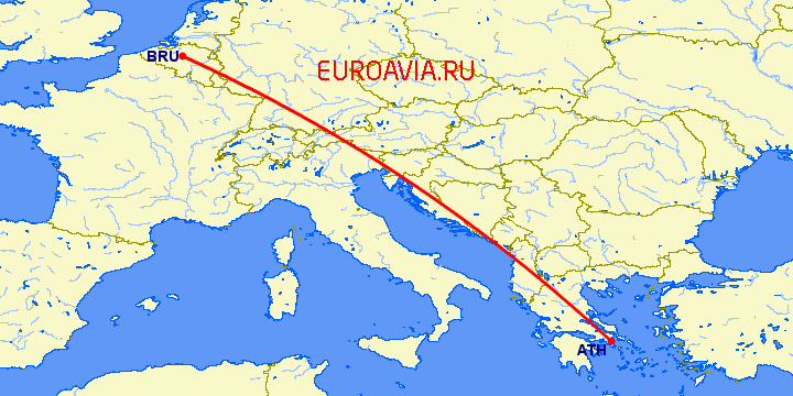 перелет Брюссель — Афины на карте