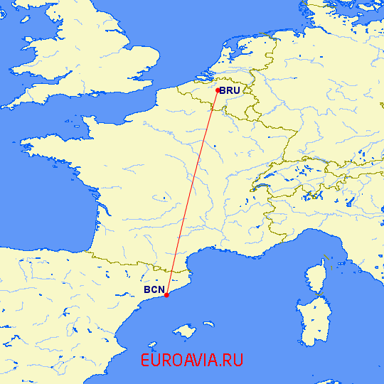 перелет Брюссель — Барселона на карте
