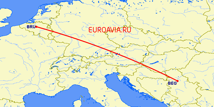 перелет Брюссель — Белград на карте