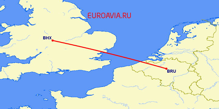 перелет Брюссель — Бирмингем на карте