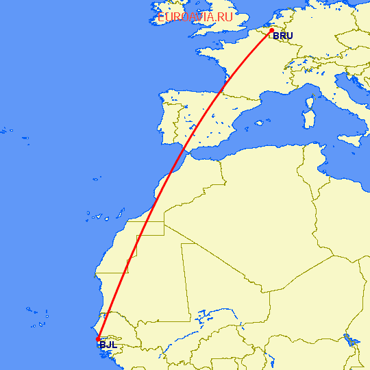 перелет Брюссель — Банжул на карте