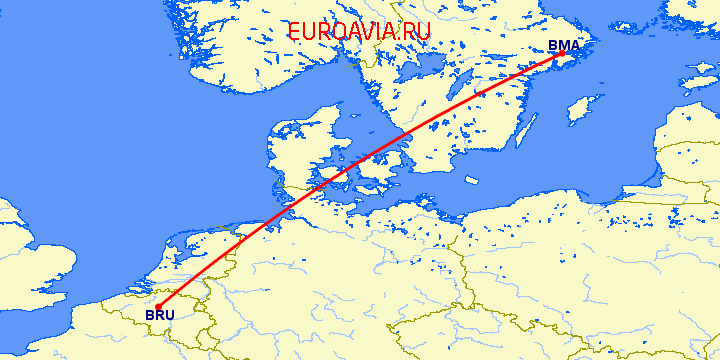 перелет Брюссель — Стокгольм на карте