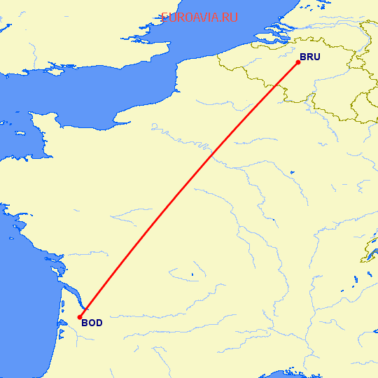 перелет Брюссель — Бордо на карте