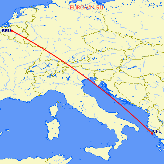 перелет Брюссель — Керкира на карте