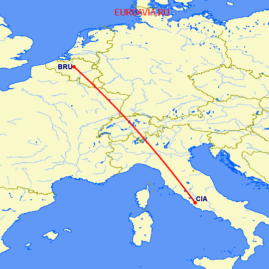 перелет Брюссель — Рим на карте
