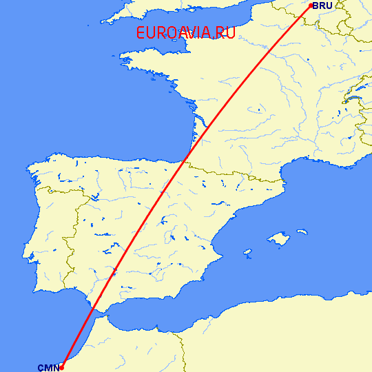 перелет Брюссель — Касабланка на карте