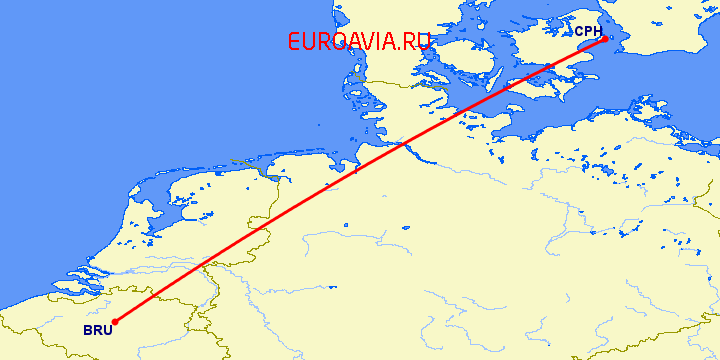 перелет Брюссель — Копенгаген на карте