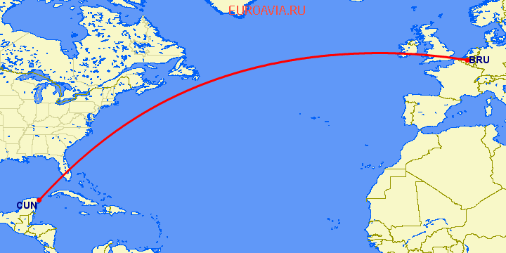 перелет Брюссель — Канкун на карте