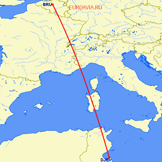 перелет Брюссель — Джерба на карте