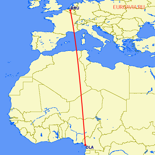 перелет Брюссель — Дуала на карте