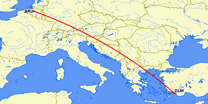 перелет Брюссель — Даламан на карте