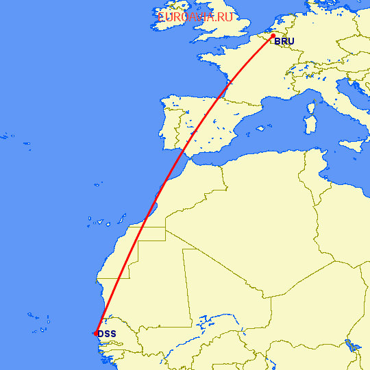 перелет Брюссель — Дакар на карте
