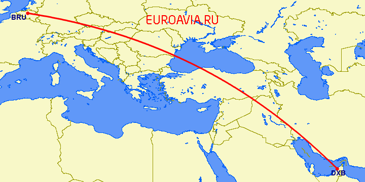 перелет Брюссель — Дубай на карте