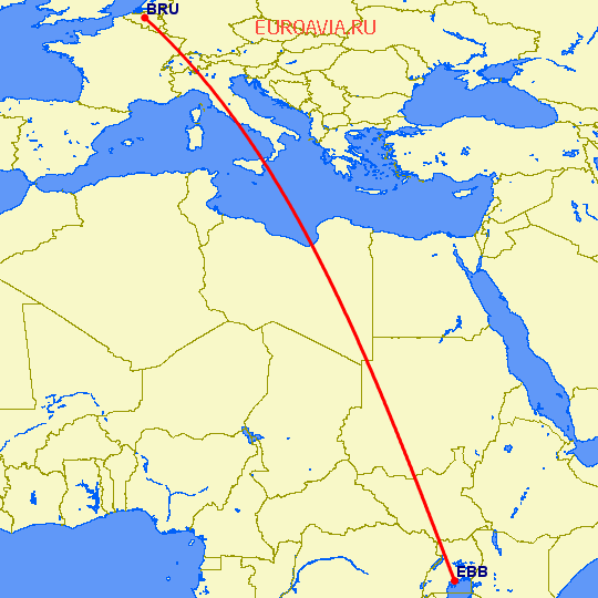 перелет Брюссель — Энтеббе на карте