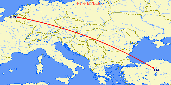 перелет Брюссель — Анкара на карте