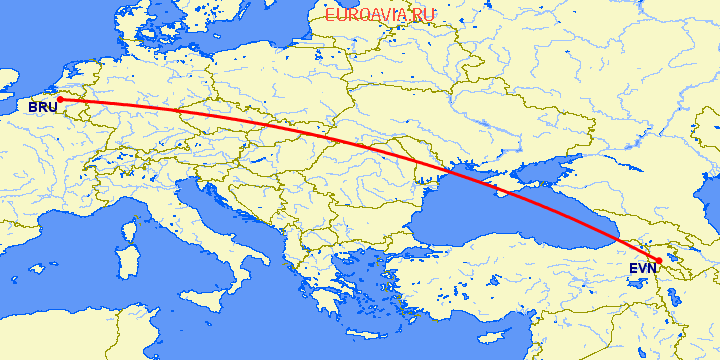 перелет Брюссель — Ереван на карте