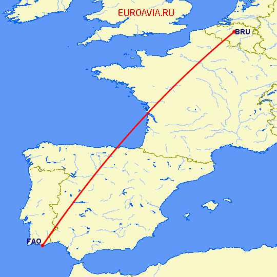 перелет Брюссель — Фару на карте