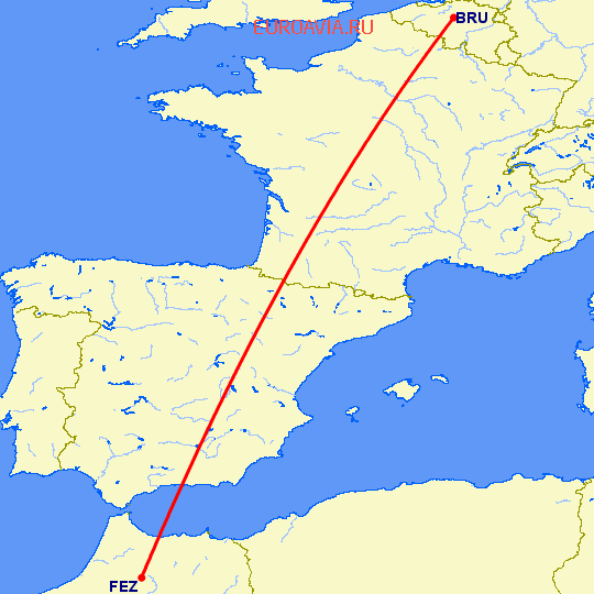 перелет Брюссель — Фес на карте