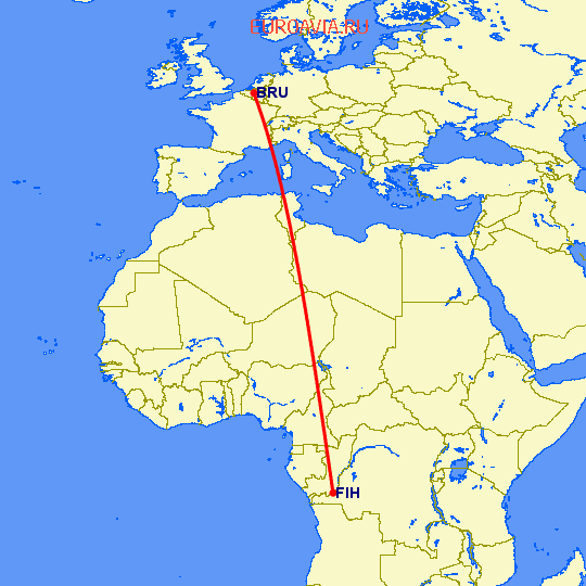 перелет Брюссель — Киншаса на карте