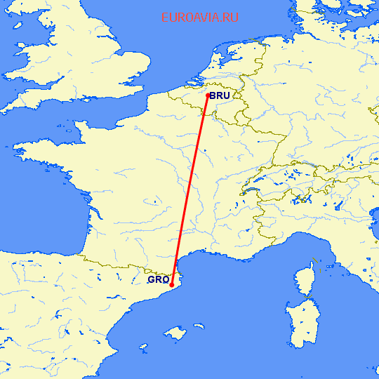 перелет Брюссель — Жирона на карте