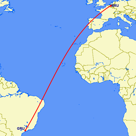 перелет Брюссель — Сан Паулу на карте