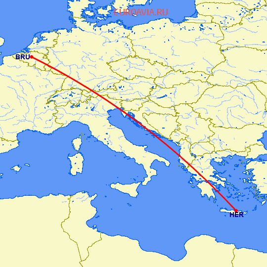 перелет Брюссель — Ираклион на карте