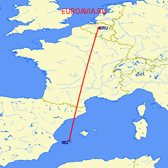 перелет Брюссель — Ибица на карте