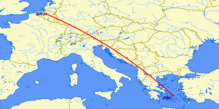 перелет Брюссель — Миконос на карте