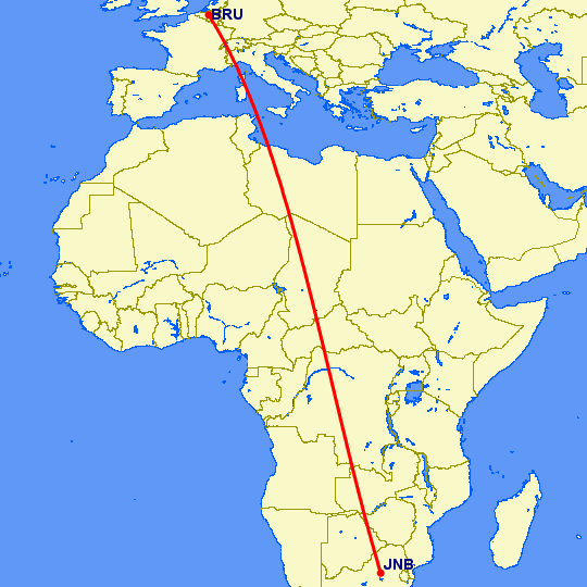 перелет Брюссель — Йоханнесбург на карте