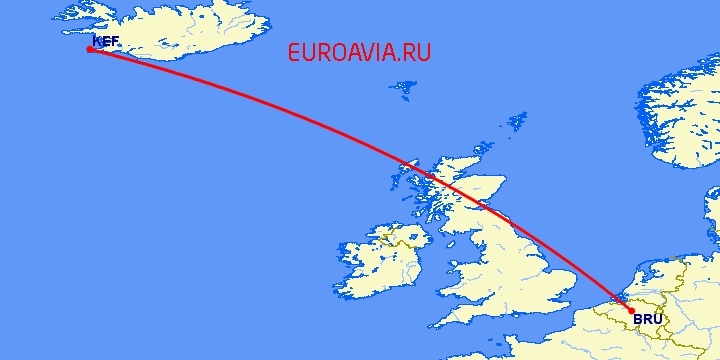 перелет Брюссель — Рейкьявик на карте