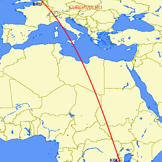 перелет Брюссель — Кигали на карте
