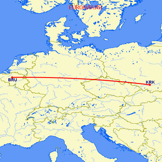 перелет Брюссель — Краков на карте