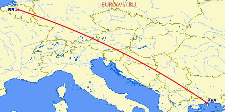 перелет Брюссель — Кавала на карте