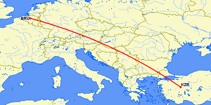 перелет Брюссель — Кютахья на карте