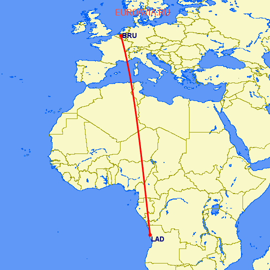 перелет Брюссель — Луанда на карте