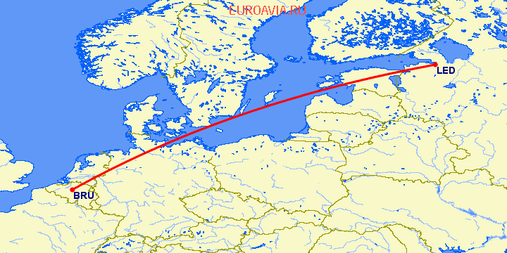 перелет Брюссель — Санкт Петербург на карте