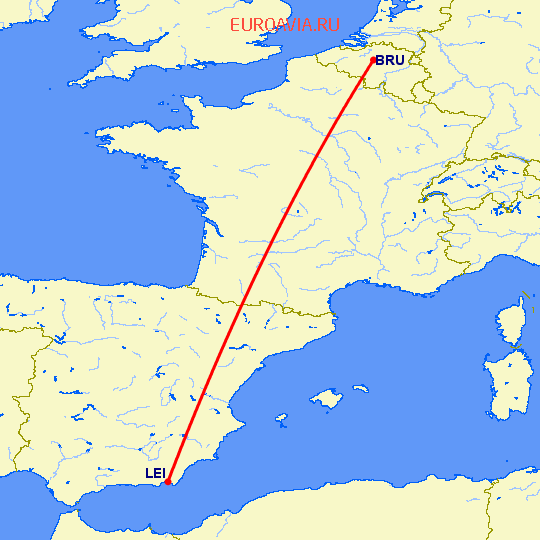 перелет Брюссель — Алмерия на карте