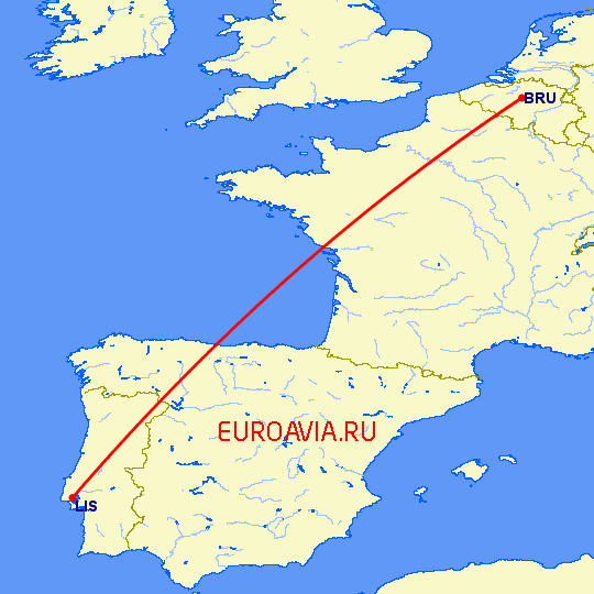 перелет Брюссель — Лиссабон на карте