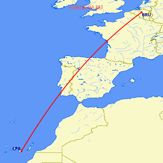 перелет Брюссель — Лас Пальмас на карте