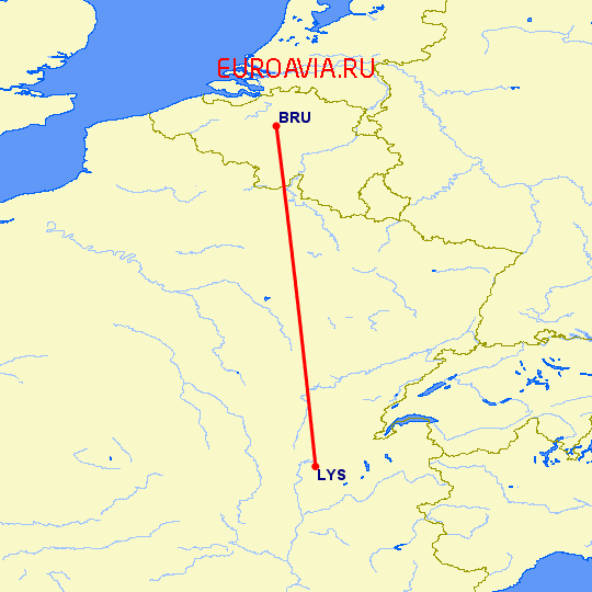 перелет Брюссель — Лион на карте