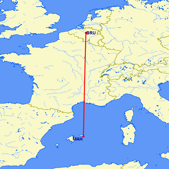 перелет Брюссель — Менорка на карте