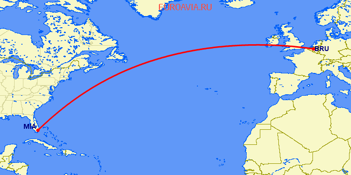 перелет Брюссель — Майами на карте