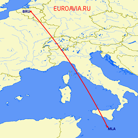 перелет Брюссель — Мальта на карте
