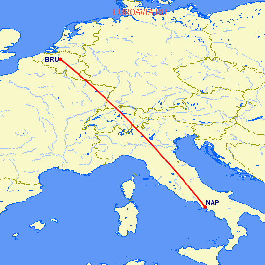 перелет Брюссель — Неаполь на карте